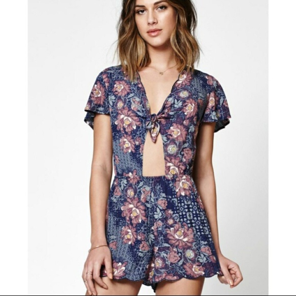 blue and purple floral tie romper